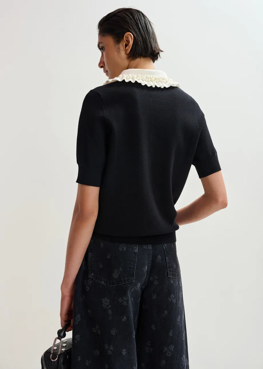 Essentiel Antwerp- Jewelry Embroidered Knit Polo- Black/White