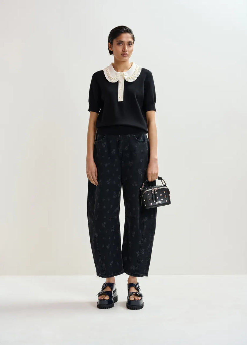 Essentiel Antwerp- Jewelry Embroidered Knit Polo- Black/White