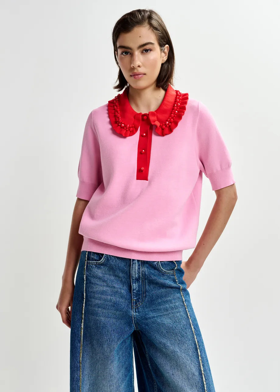 Essentiel Antwerp- Jewelry Embroidered Knit Polo- Pink/Red - Edit by Elaine Turner