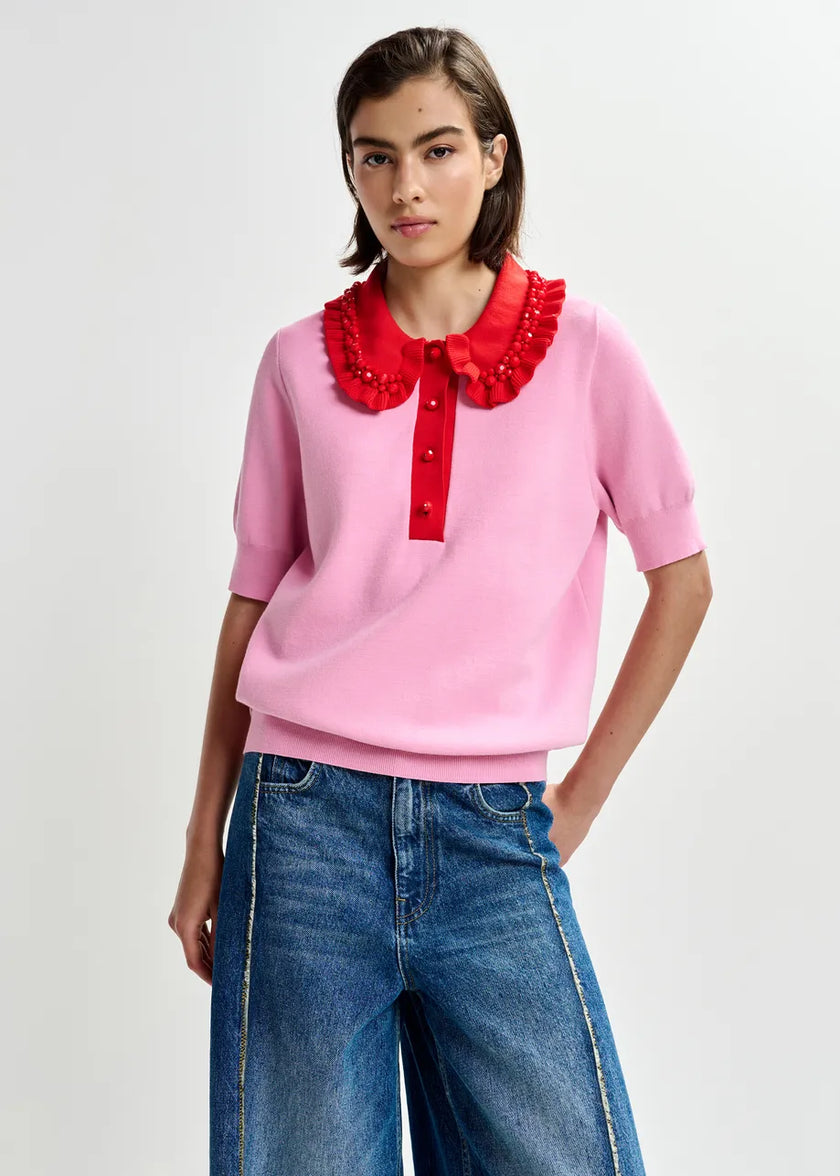 Essentiel Antwerp- Jewelry Embroidered Knit Polo- Pink/Red - Edit by Elaine Turner