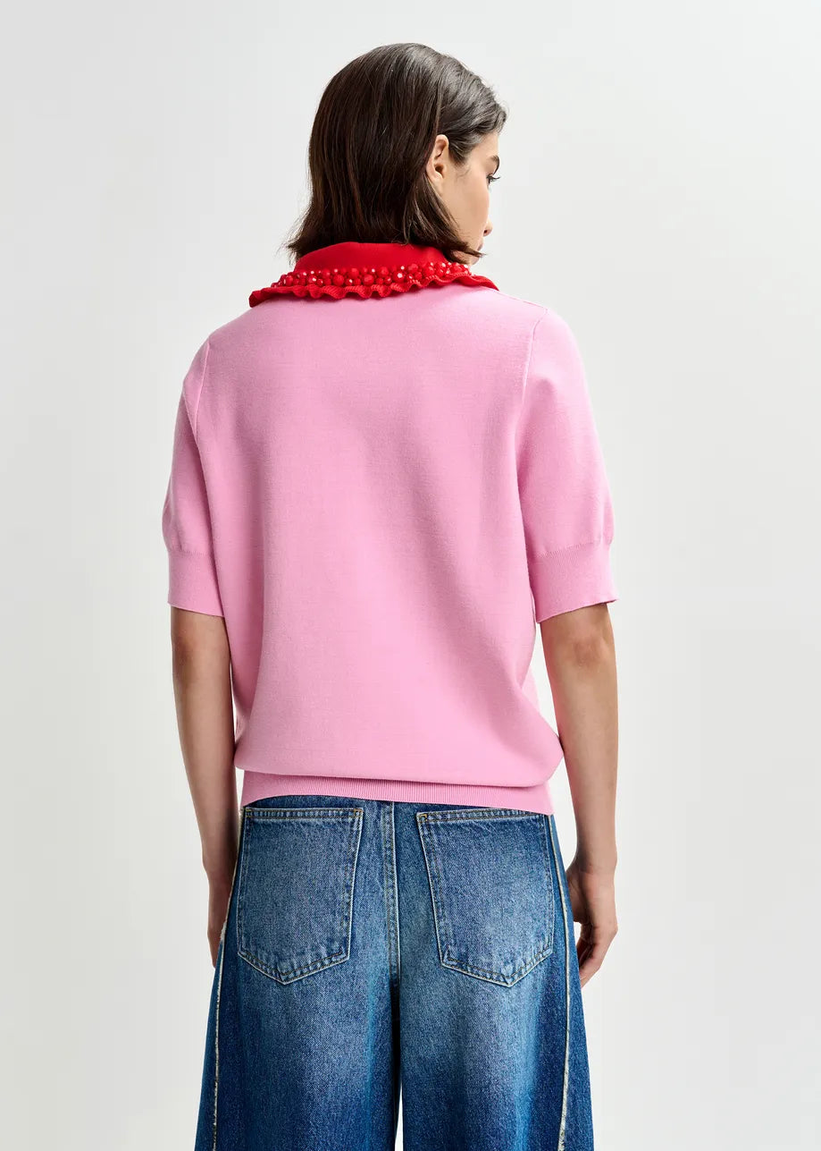 Essentiel Antwerp- Jewelry Embroidered Knit Polo- Pink/Red - Edit by Elaine Turner
