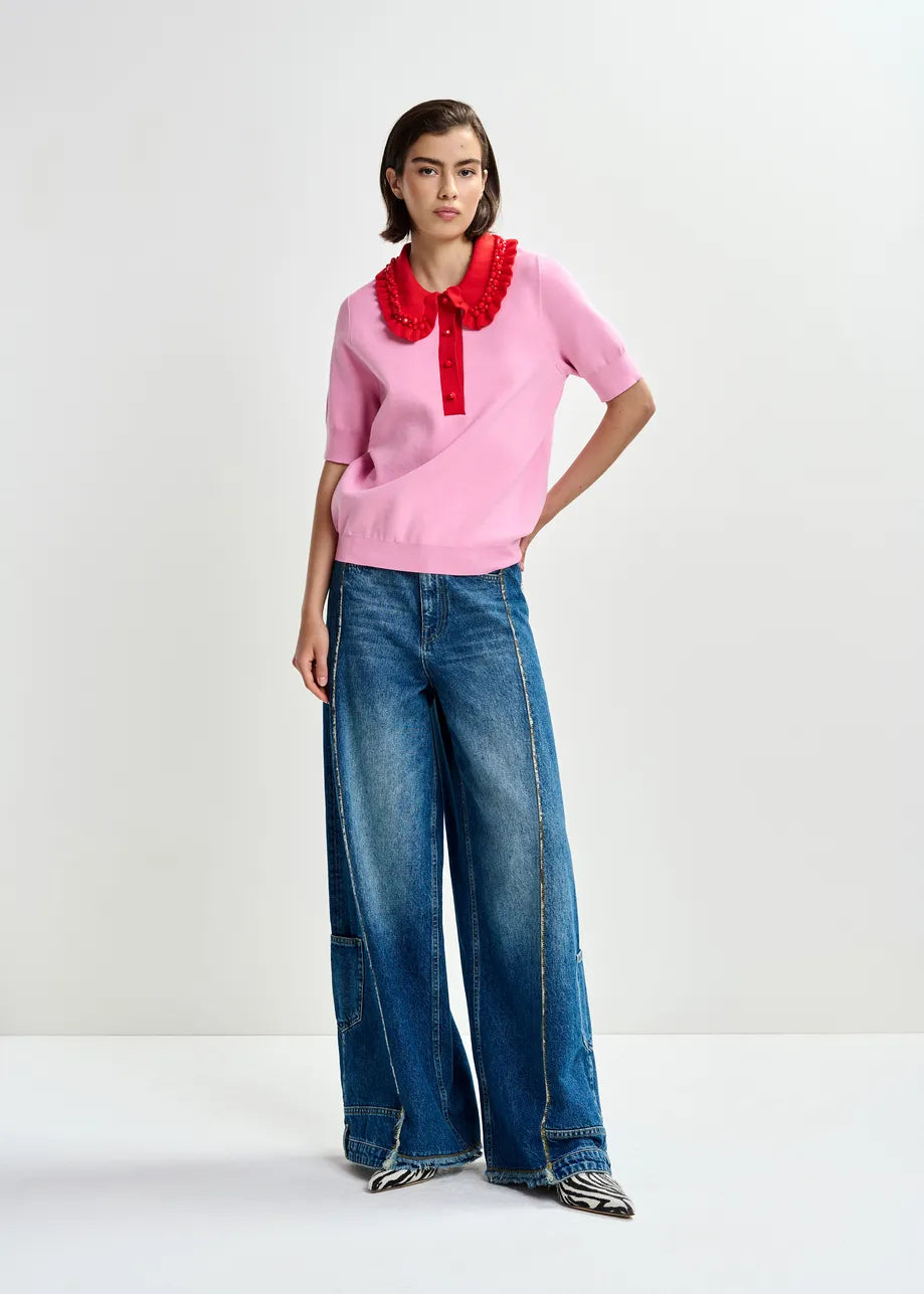 Essentiel Antwerp- Jewelry Embroidered Knit Polo- Pink/Red - Edit by Elaine Turner
