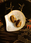 Two polished tiger's eye oval earrings displayed on a white mother-of-pearl shell dish, set against a black decorative background with gold bird and pagoda illustrations.

Jennifer Behr- Audra Earrings - Tigers Eye. Available at Edit by Elaine Turner in Houston, TX. 