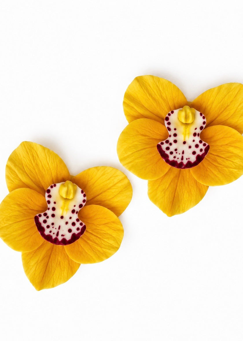 Jennifer Behr- Orchidia Earrings in Marigold - Close Up View. Available at Edit by Elaine Turner in Houston, TX. 