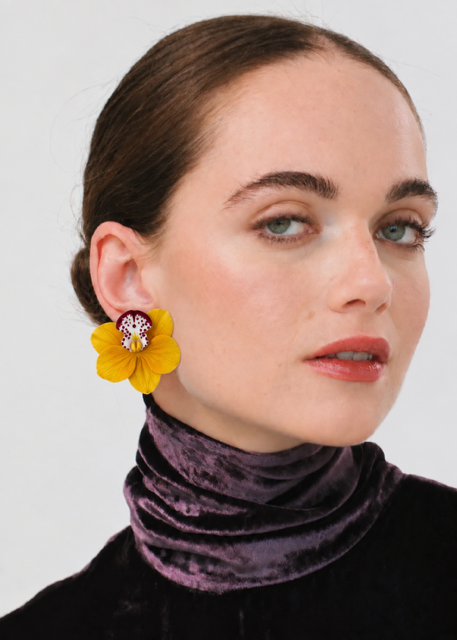 Jennifer Behr- Orchidia Earrings in Marigold - Model View. Available at Edit by Elaine Turner in Houston, TX. 