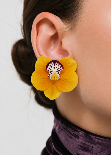Jennifer Behr- Orchidia Earrings in Marigold - Model Close Up View. Available at Edit by Elaine Turner in Houston, TX. 