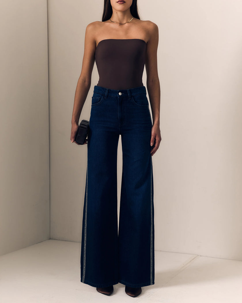 Le Jean- Beaded Column in Midnight Rodeo. Available at Edit by Elaine Turner in Houston, TX. Model front view. 