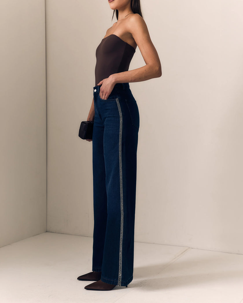 Le Jean- Beaded Column in Midnight Rodeo. Available at Edit by Elaine Turner in Houston, TX. Model side view. 