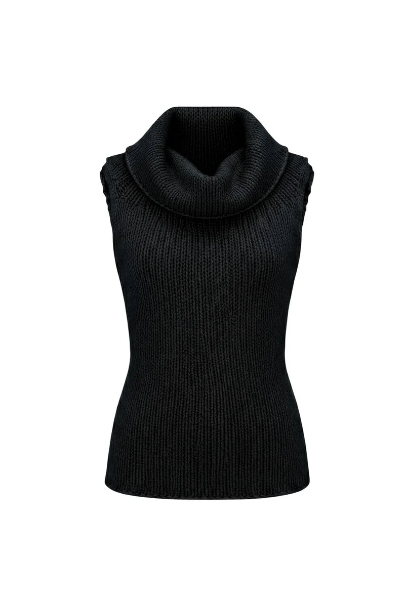 A black ribbed knit sleeveless turtleneck sweater displayed on a white background.

Le Superbe - Hand For U Tank Top - Asphalt. Available at Edit by Elaine Turner in Houston, TX. 