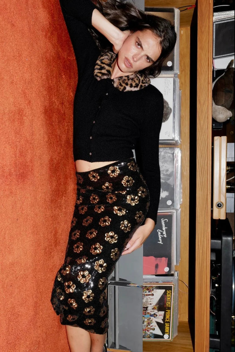 Le Superbe - Liza Skirt in Noir Marigold. Available at Edit by Elaine Turner in Houston, TX. Front model view. 