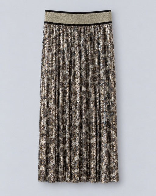Le Superbe - Mrs Mason Leopard Pleated Skirt in Shimmer Leo. Available at Edit by Elaine Turner in Houston, TX. Flat Lay View. 