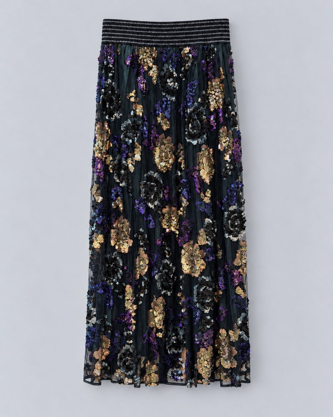 Le Superbe - Secret Garden Pleated Skirt in Nero Multi. Available at Edit by Elaine Turner in Houston, TX. Flat lay view. 