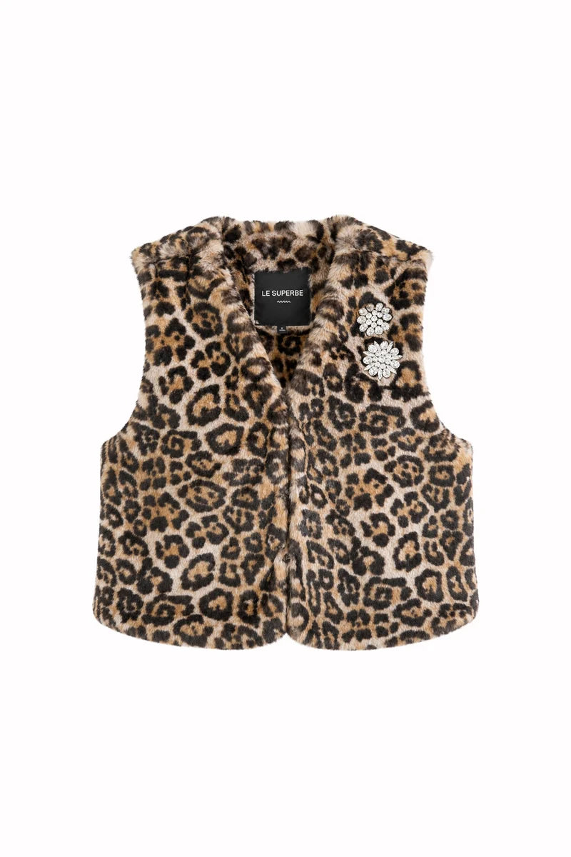 Le Superbe- Treasure Vest in Leopard. Available at Edit by Elaine Turner in Houston, TX. Front flat lay view. 