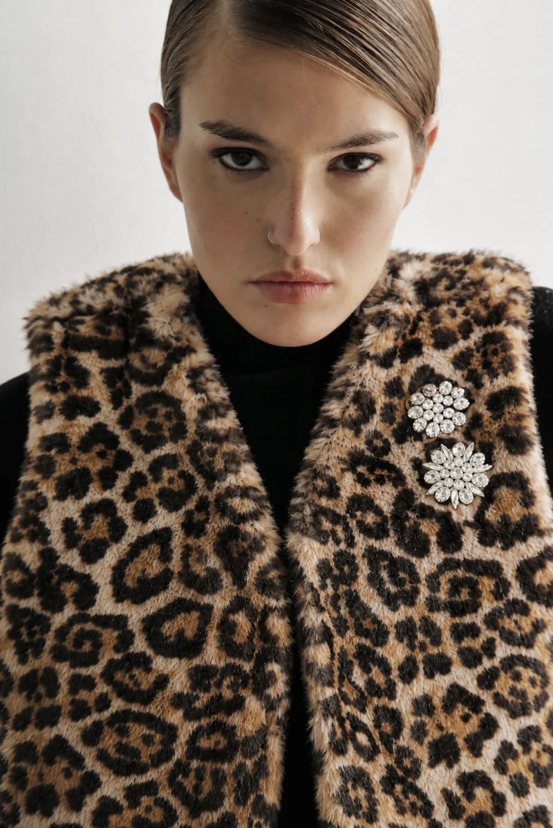 Le Superbe- Treasure Vest in Leopard. Available at Edit by Elaine Turner in Houston, TX. Front model view. 