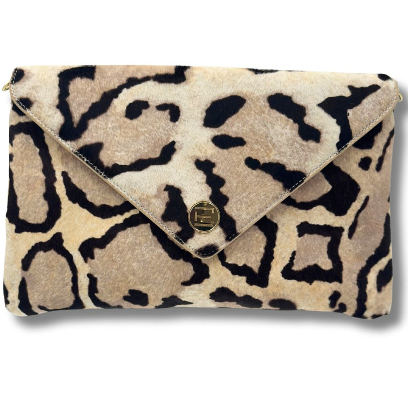 Ocelot Leopard print Elaine Turner Bella clutch handbag on a white background