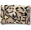 Ocelot Leopard print Elaine Turner Bella clutch handbag on a white background