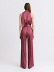 Matthew Bruch- Belted Wide Leg Trouser - Merlot Satin. Available at Edit by Elaine Turner in Houston, TX. Back model view. 