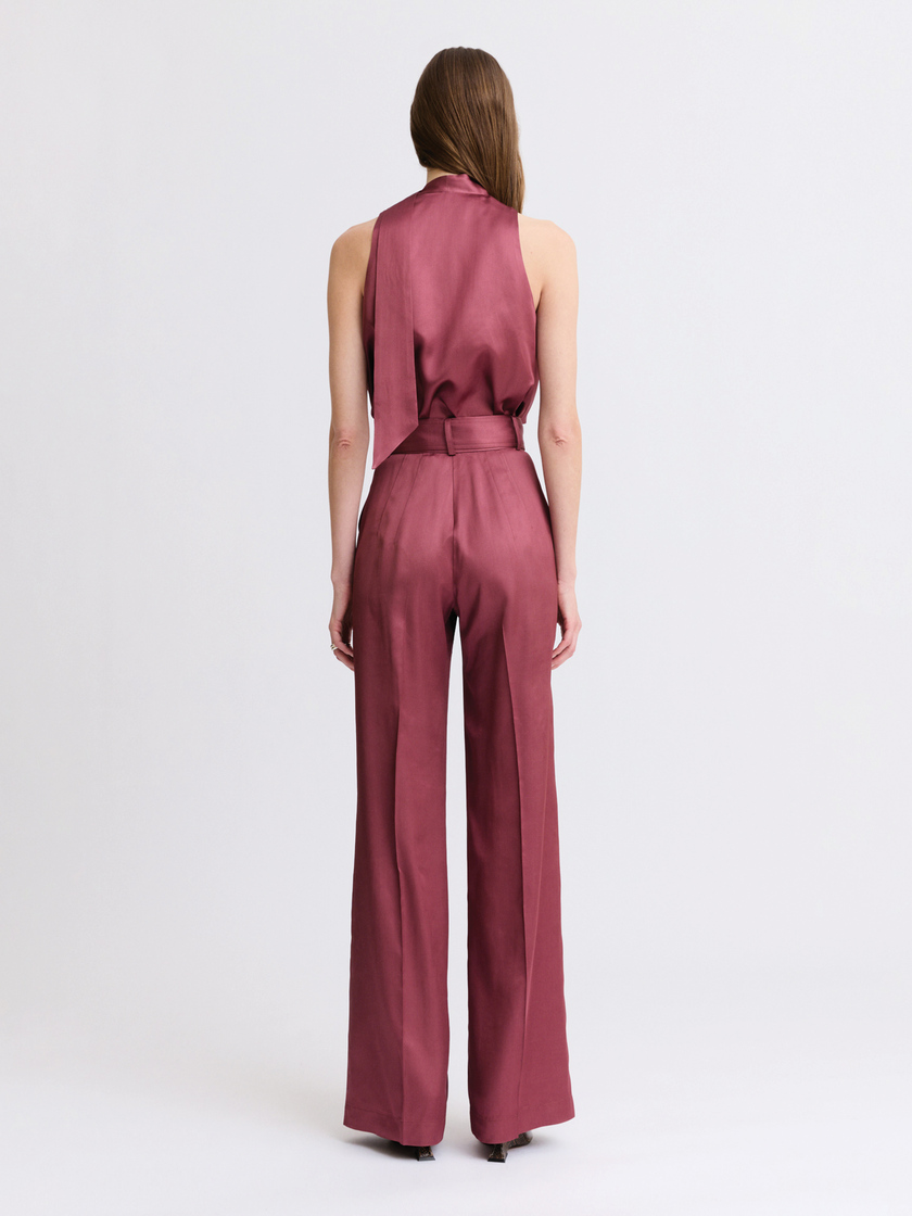 Matthew Bruch- Belted Wide Leg Trouser - Merlot Satin. Available at Edit by Elaine Turner in Houston, TX. Back model view. 