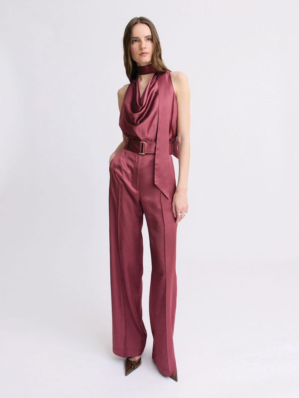 Matthew Bruch- Belted Wide Leg Trouser - Merlot Satin. Available at Edit by Elaine Turner in Houston, TX. Front model view. 