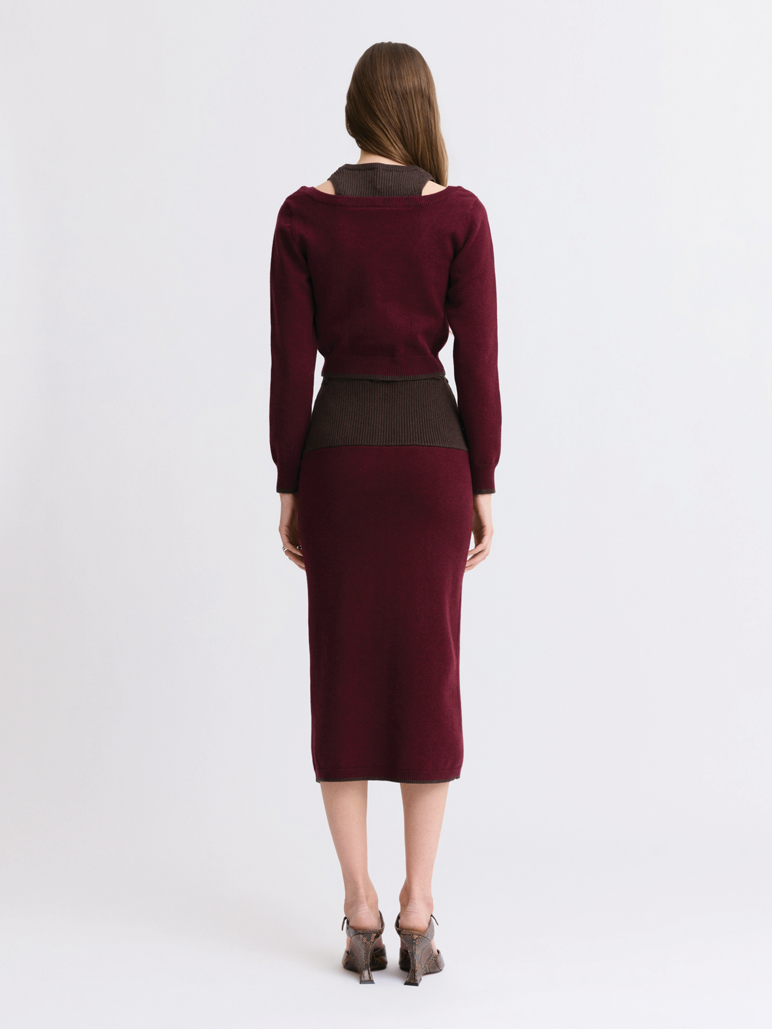 Matthew Bruch- Colorblock Midi Skirt - Merlot Knit. Available at Edit by Elaine Turner in Houston, TX. Back Model View. 