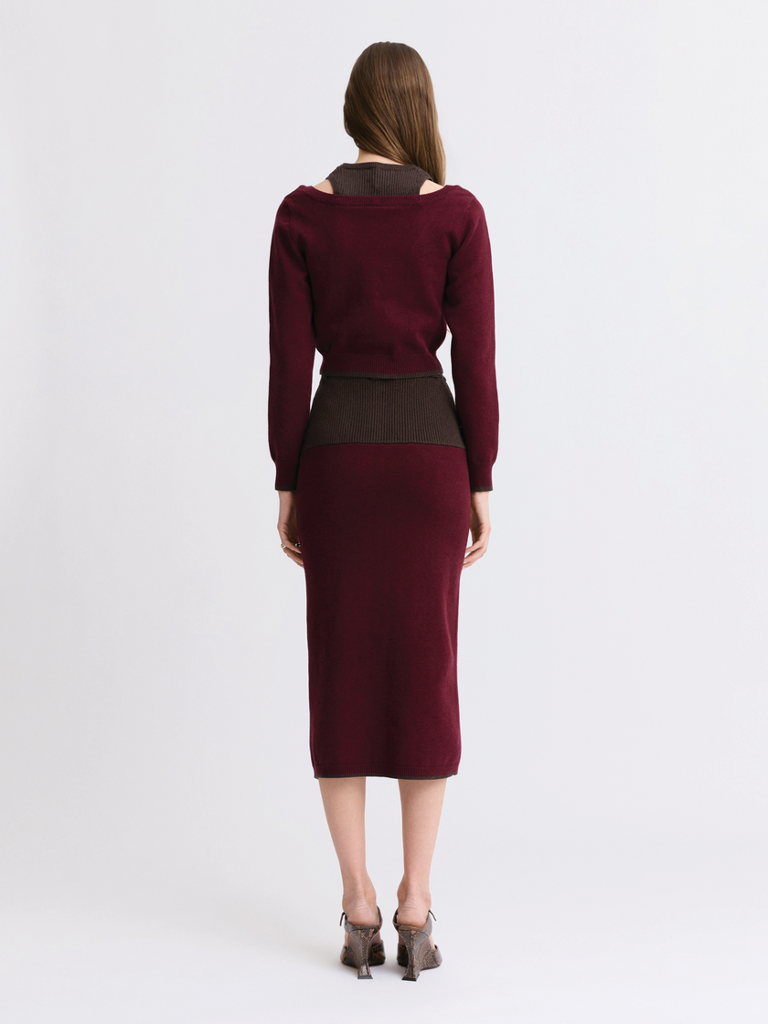 Matthew Bruch- Colorblock Midi Skirt - Merlot Knit. Available at Edit by Elaine Turner in Houston, TX. Back Model View. 