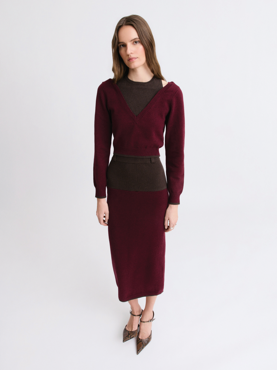 Matthew Bruch- Colorblock Midi Skirt - Merlot Knit. Available at Edit by Elaine Turner in Houston, TX. Front Model View. 