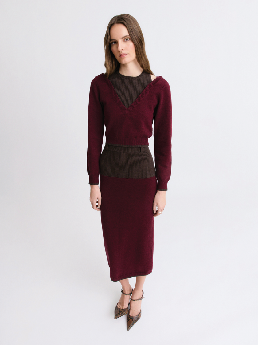 Matthew Bruch- Colorblock Midi Skirt - Merlot Knit. Available at Edit by Elaine Turner in Houston, TX. Front Model View. 