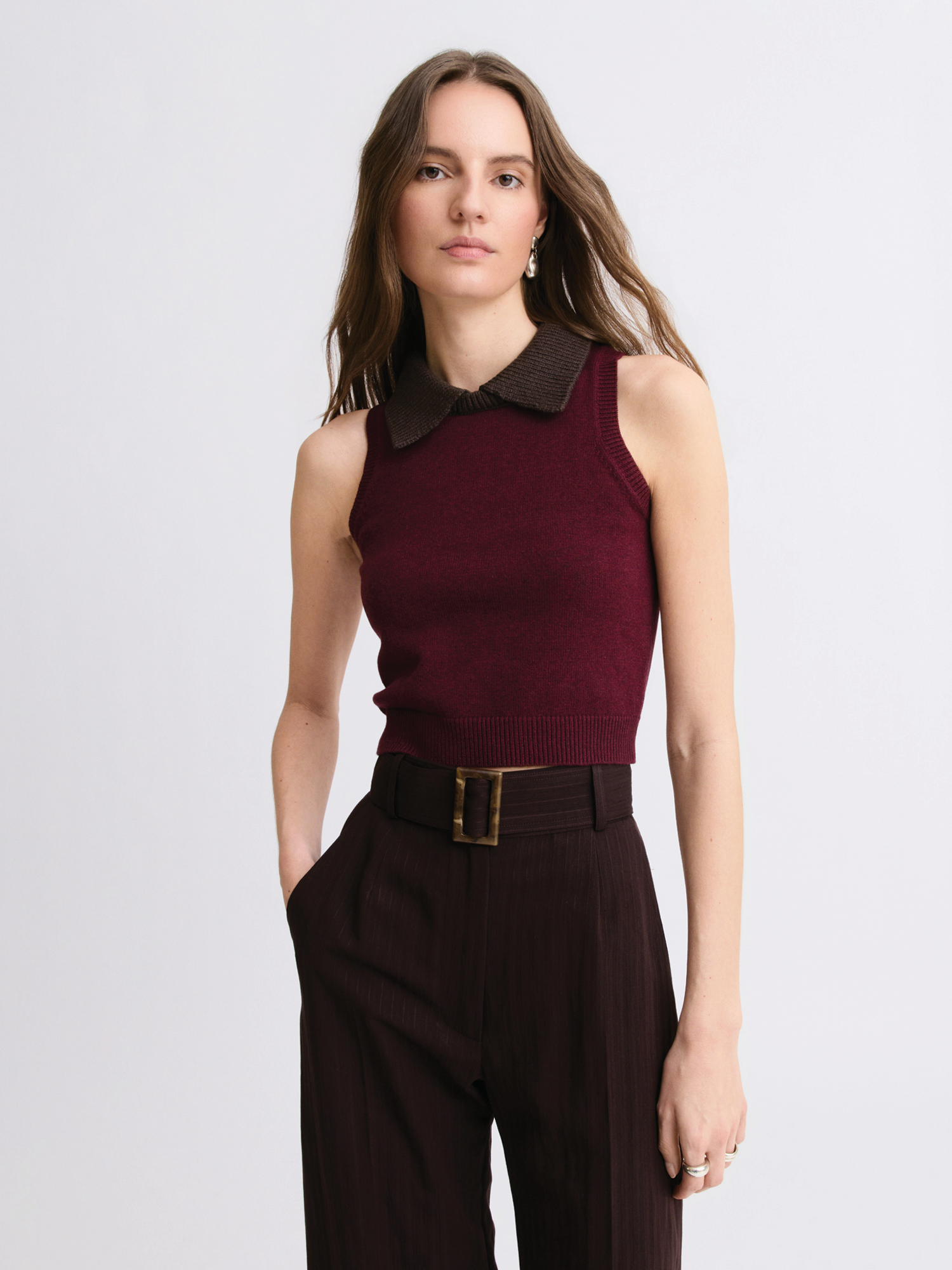 Matthew Bruch- Combo Collar Cropped Tank Top - Merlot Knit. Available at Edit by Elaine Turner in Houston, TX. Front Model View. 
