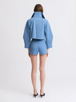 Matthew Bruch- Funnel Neck Swing Jacket - Slate Blue. Available at Edit by Elaine Turner in Houston, TX. Back Model View. 