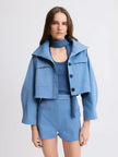 Matthew Bruch- Funnel Neck Swing Jacket - Slate Blue. Available at Edit by Elaine Turner in Houston, TX. Close Up Model View. 