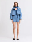 Matthew Bruch- Funnel Neck Swing Jacket - Slate Blue. Available at Edit by Elaine Turner in Houston, TX. Front Model View. 