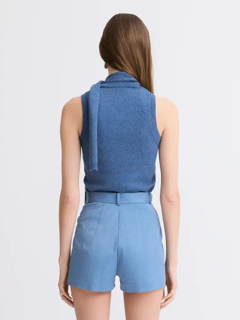 Matthew Bruch- Scarf Tank Top - Denim Blue Knit. Available at Edit by Elaine Turner in Houston, TX. Back Model View. 