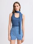 Matthew Bruch- Scarf Tank Top - Denim Blue Knit. Available at Edit by Elaine Turner in Houston, TX. Front Model View. 