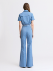 Matthew Bruch- Side Slit Bell Bottom Trouser - Slate Blue. Available at Edit by Elaine Turner in Houston, TX. Back Model View. 