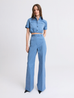Matthew Bruch- Side Slit Bell Bottom Trouser - Slate Blue. Available at Edit by Elaine Turner in Houston, TX. Front Model View. 