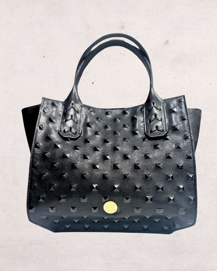Mauney Satchel Bag- Black Embossed Studded Leather