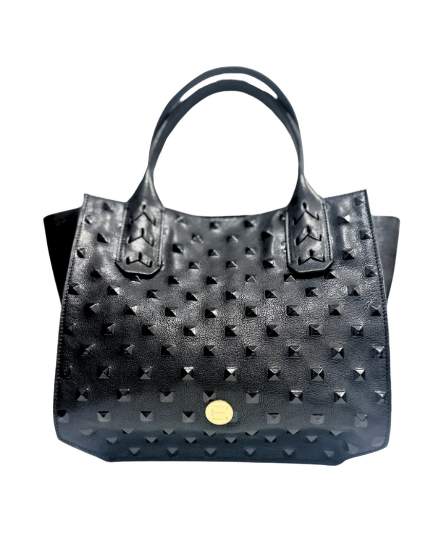 Mauney Satchel Bag- Black Embossed Studded Leather