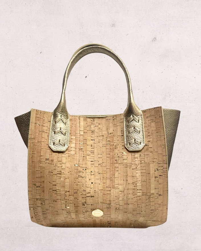 Mauney Satchel Bag- Cork w/ Gold Flecks and ORO Pebble Leather Trim
