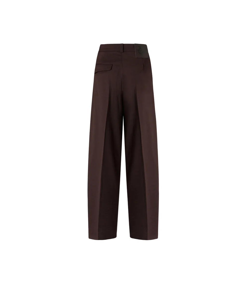 PINKO- Balbino Pants - Barrel Fit Trousers in Beyond the Dark Brown. Available at Edit by Elaine Turner in Houston, TX. Back Flat Lay View. 