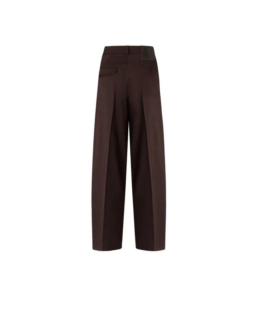 PINKO- Balbino Pants - Barrel Fit Trousers in Beyond the Dark Brown. Available at Edit by Elaine Turner in Houston, TX. Back Flat Lay View. 
