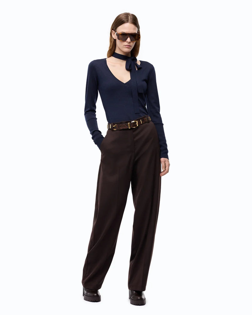 PINKO- Balbino Pants - Barrel Fit Trousers in Beyond the Dark Brown. Available at Edit by Elaine Turner in Houston, TX. Full Front Model View. 