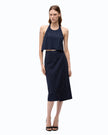 PINKO- Fully Rhinestoned Calf-Length Wrap Skirt in Iris Blue. Available at Edit by Elaine Turner in Houston, TX. Full front model view. 