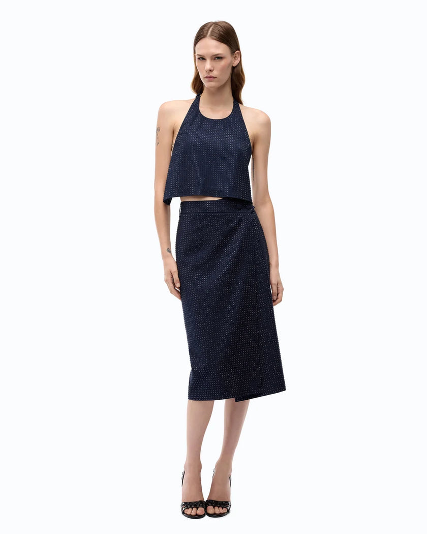 PINKO- Fully Rhinestoned Calf-Length Wrap Skirt in Iris Blue. Available at Edit by Elaine Turner in Houston, TX. Full front model view. 