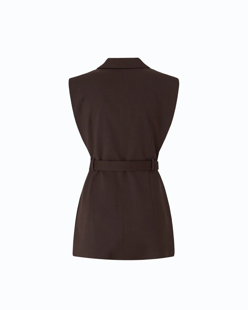 A sleeveless dark brown blazer-style top with a matching waist belt, shown from the back on a plain white background.

PIINKO- Vest with Open Sides and Belt in Beyond the Dark Brown. Available at Edit by Elaine Turner in Houston, TX. Back Flat Lay View. 