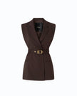A sleeveless dark brown blazer-style vest with a matching waist belt and gold-tone buckle, shown on a plain white background.

PIINKO- Vest with Open Sides and Belt in Beyond the Dark Brown. Available at Edit by Elaine Turner in Houston, TX. Front Flat Lay View. 