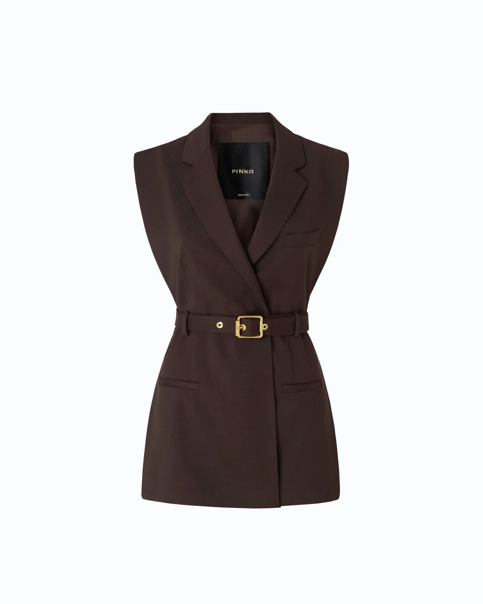 A sleeveless dark brown blazer-style vest with a matching waist belt and gold-tone buckle, shown on a plain white background.

PIINKO- Vest with Open Sides and Belt in Beyond the Dark Brown. Available at Edit by Elaine Turner in Houston, TX. Front Flat Lay View. 