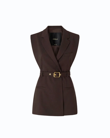 A sleeveless dark brown blazer-style vest with a matching waist belt and gold-tone buckle, shown on a plain white background.

PIINKO- Vest with Open Sides and Belt in Beyond the Dark Brown. Available at Edit by Elaine Turner in Houston, TX. Front Flat Lay View. 