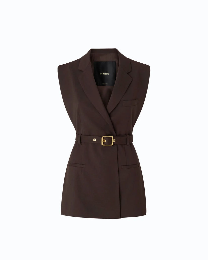 A sleeveless dark brown blazer-style vest with a matching waist belt and gold-tone buckle, shown on a plain white background.

PIINKO- Vest with Open Sides and Belt in Beyond the Dark Brown. Available at Edit by Elaine Turner in Houston, TX. Front Flat Lay View. 