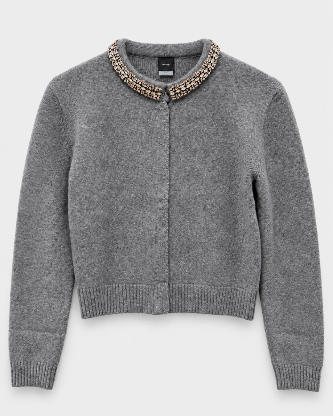 Pinko Grey Cardigan sweater with jeweled collar at edit. BY ELAINE TURNER in Houston, TX
