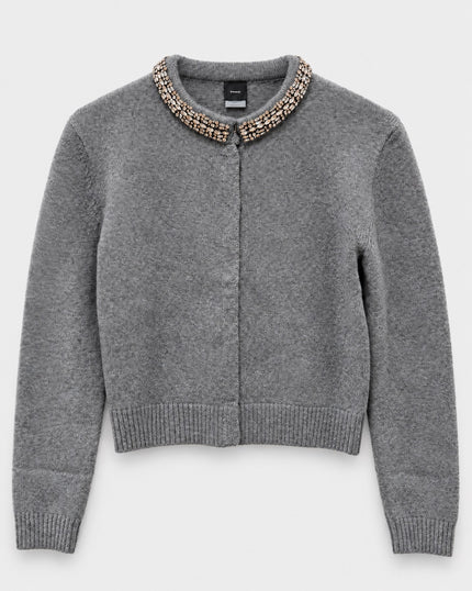 Pinko Grey Cardigan sweater with jeweled collar at edit. BY ELAINE TURNER in Houston, TX
